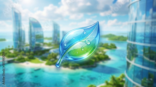 Frutiger aero 3d glass leaf emblem with water drops over tropical futuristic island