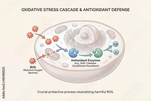 Oxidative stress cascade diagram illustrating reactive oxygen species and antioxidant defense mechanism