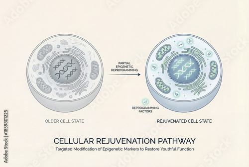 Cellular rejuvenation pathway infographic illustrating partial epigenetic reprogramming and anti-aging