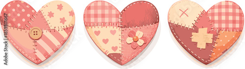 Patchwork Hearts Art. Playful handmade hearts formed from mismatched fabric patches and cozy emotion, modern flat vector