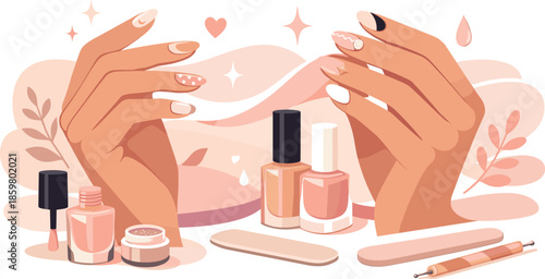 Chic Nail Art. Fashion-forward nail art scene captured with hands posed gracefully and decorative polish details, modern flat