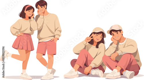 Matching Outfits Harmony. Playful coordinated look captured through similar poses, outfits, and gentle visual rhythm, modern flat