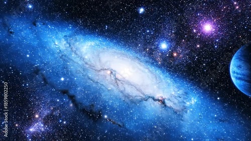 Cosmic panorama depicting a galaxy and a planet surrounded by countless stars space exploration concept