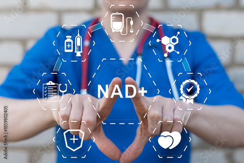 Doctor using virtual touch screen presses the text NAD+. NAD+ intravenous or syringe injection of vitamins, supplements, minerals medical concept.