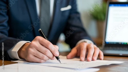 Businessman signing important documents at office desk with laptop. business deal signature on paper 4k video