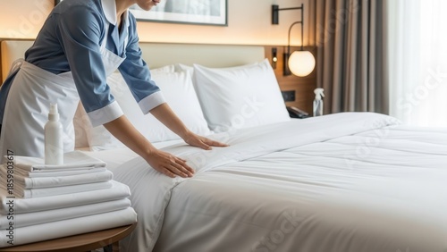 Professional hotel housemaid in blue uniform smoothing clean white linens on bed in luxury room, stack of fresh towels in foreground. High quality hospitality service and hygiene standards.