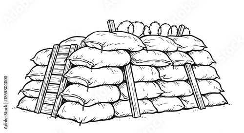 Military sandbags in line art style in black and white