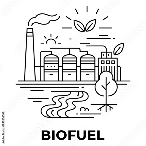 Biofuel production plant with green leaves and sun icon