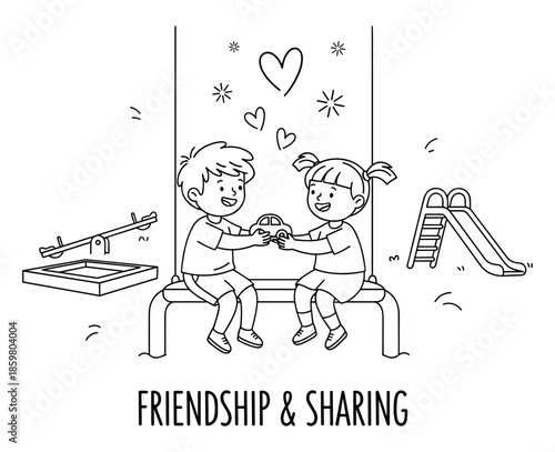 Friendship & Sharing concept with children sharing a toy car on a playground bench