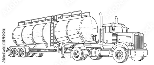 Tanker truck in line art style, black and white