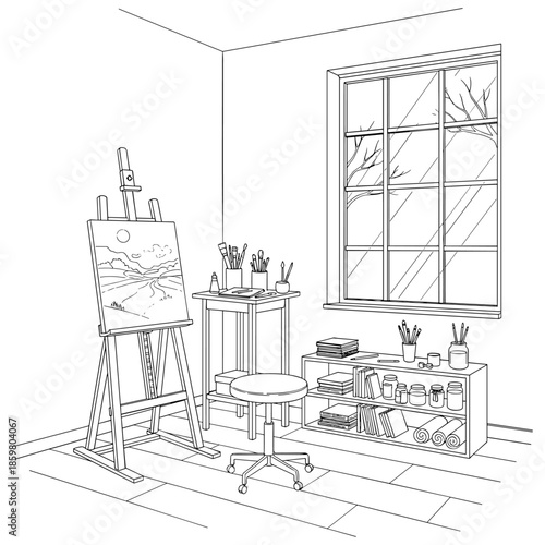 Art studio interior line art in black and white
