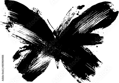 Bold black ink butterfly illustration with high contrast sumi-e brushstroke
