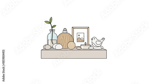 Minimalist shelf arrangement featuring a curated collection of natural elements, charming decor, and serene objects for a peaceful home interior aesthetic