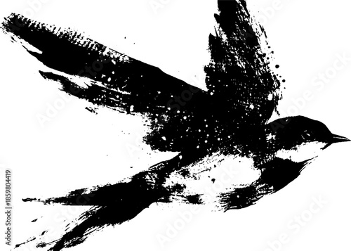 Bold black ink sumi-e bird painting - high contrast design for art prints and decor