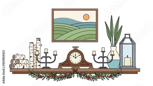 Warm and inviting fireplace mantel adorned with festive winter decorations, featuring an antique clock, glowing candles, and a charming natural landscape illustration