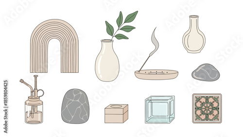 A serene collection of minimalist home decor illustrations, featuring vases, stones, and aromatic elements for creating a peaceful and harmonious living space