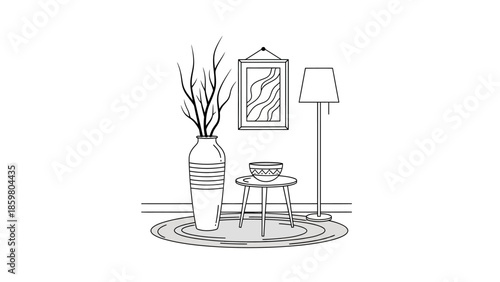 Minimalist home decor line art illustration. Featuring a vase with branches, floor lamp, side table, bowl, and framed picture on a rug
