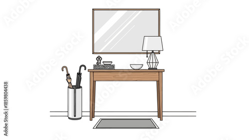 Stylish and inviting entryway setup featuring a modern console table adorned with a lamp, mirror, and decorative items, creating a welcoming and functional home interior space