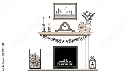 Cozy home fireplace illustration with a decorated mantelpiece, featuring elegant candles, a vintage clock, framed art, and botanical accents