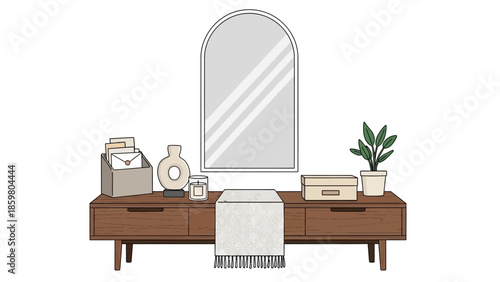 Stylish minimalist console table setup with an arched mirror, potted plants, and various decorative elements, perfect for a modern home interior design illustration