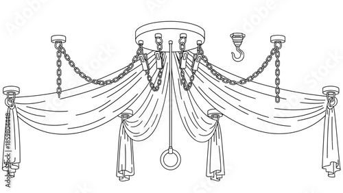 Elegant Decorative Canopy Structure with Flowing Drapes Adorned by Chains and Rings, Presented as a Classic Line Art Illustration for Design Projects
