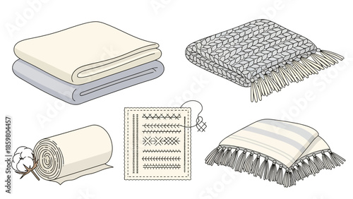Illustrated collection of cozy home textiles and craft elements soft folded blankets, natural cotton fabric, decorative stitch patterns, and fringed throws for comfort