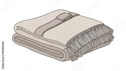 A cozy, neatly folded beige blanket with soft fringes, secured by a simple strap, perfect for home comfort and relaxation