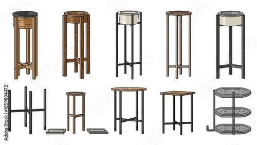 A curated collection of contemporary tall plant stands and slender accent tables, featuring diverse designs crafted from wood and metal, perfect for modern home interiors