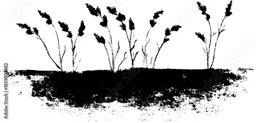 Black and white stencil art of grunge riverbank grass with natural curling