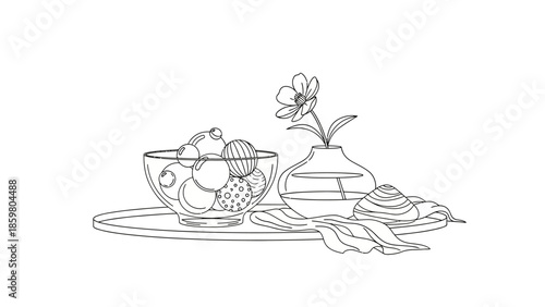 Elegant line art illustration of a delightful still life. Sweet desserts in a bowl, a delicate flower in a vase, and a decorative cloth on a serving tray