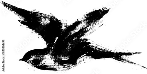 Bold black ink illustration of bird in flight - high contrast sumi-e painting for artistic design