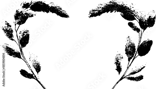 Black and white stencil art featuring delicate water reeds