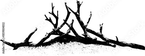 Black and white illustration of dense driftwood tangle for nature and design projects