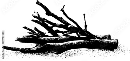 Black and white driftwood tangle stencil illustration for nature-inspired designs