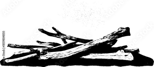 Black and white stencil illustration of driftwood tangle for nature-inspired designs