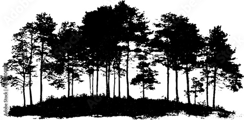 Black and white stencil illustration of dense thicket silhouette in nature scene for artistic design