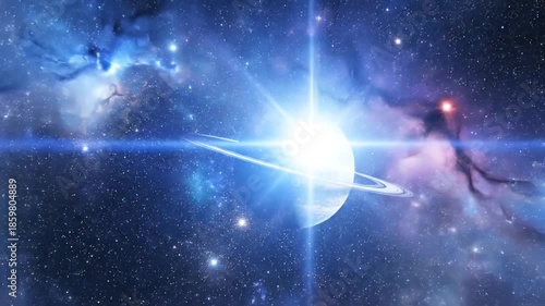 Cosmic scene featuring nebula stars and planet with rings abstract universe background