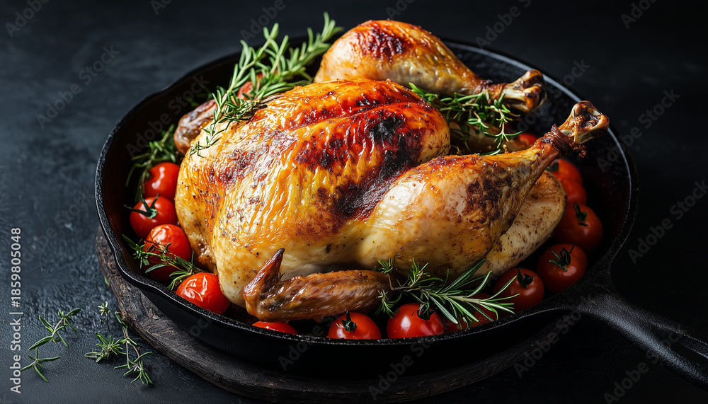 Fototapeta Roasted chicken with tomatoes and herbs sits in pan. Perfect bird for holiday feasts or special family meals. Chicken is cooked well