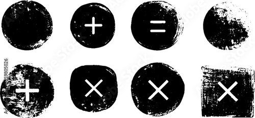 Black and white grunge stencil icons of plus and cross signs for graphic design projects