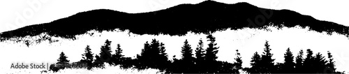 Scenic black and white stencil illustration of distant rolling hills with trees