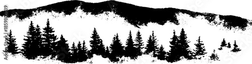 Black and white stencil of distant rolling hills and trees - ideal for nature and landscape designs