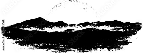 Black and white stencil illustration of distant rolling hills in grunge style
