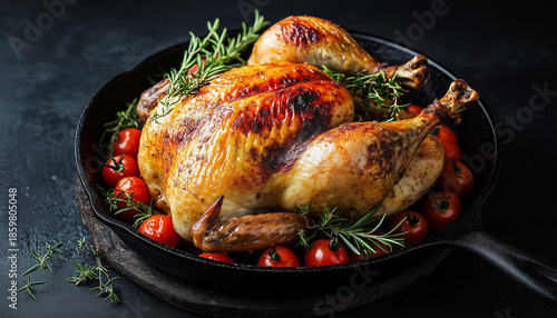 Roasted chicken with tomatoes and herbs sits in pan. Perfect bird for holiday feasts or special family meals. Chicken is cooked well
