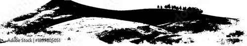 Monochrome stencil art of distant rolling hills for landscape design