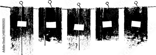 Black and white stencil illustration of distressed plywood hanging with clips