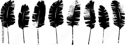 Black and white stencil illustration of dried banana leaf silhouette design