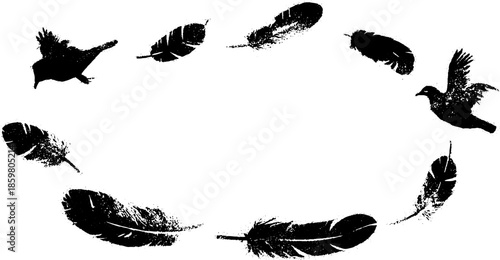 Black and white stencil illustration of drifting feathers and birds in motion