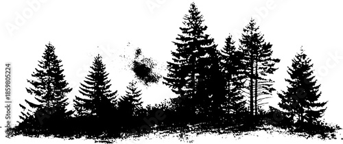 Monochrome stencil of drifting fog and pine trees silhouette - nature art design