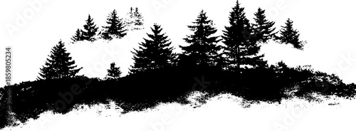 Black and white stencil illustration of drifting fog and pine trees silhouette for nature-inspired design