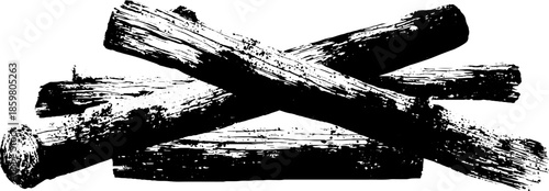 Black and white driftwood stencil illustration of intersecting beams for urban art and design